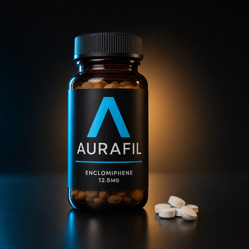 Aurafil enclomiphene 12.5mg pill bottle with tablets