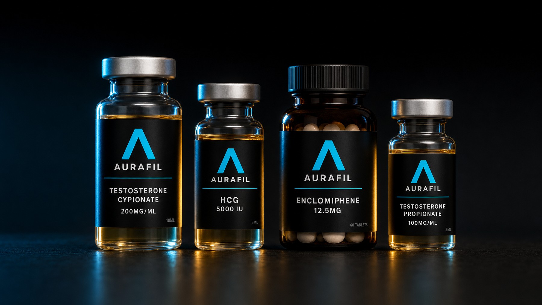 Aurafil TRT and fertility-preservation product formulary — testosterone cypionate, HCG, enclomiphene, anastrozole