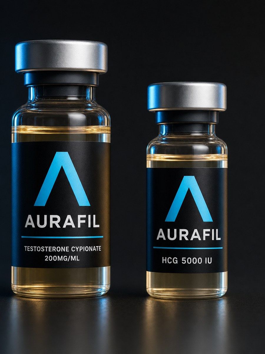 Aurafil testosterone cypionate and HCG vials on dark background