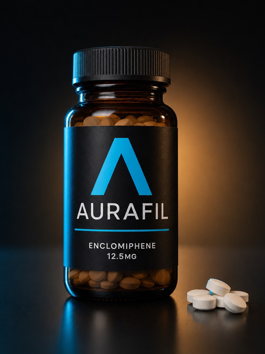 Aurafil enclomiphene bottle on dark background
