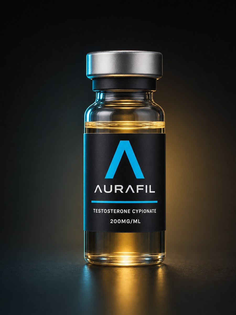 Aurafil testosterone cypionate vial on dark background